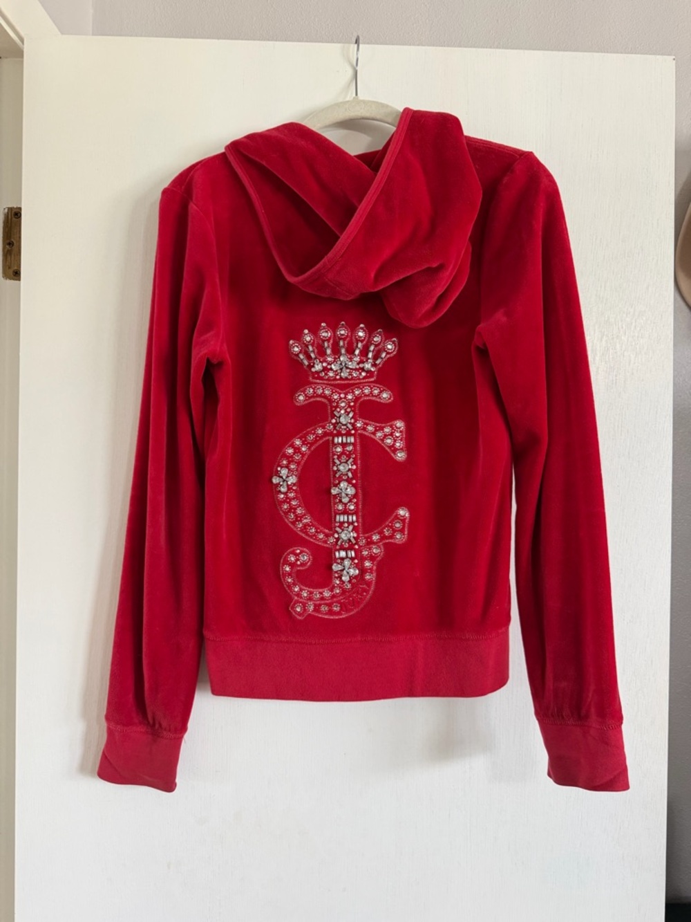 Juicy Couture Red Velour Hooded Jacket with Jeweled Logo